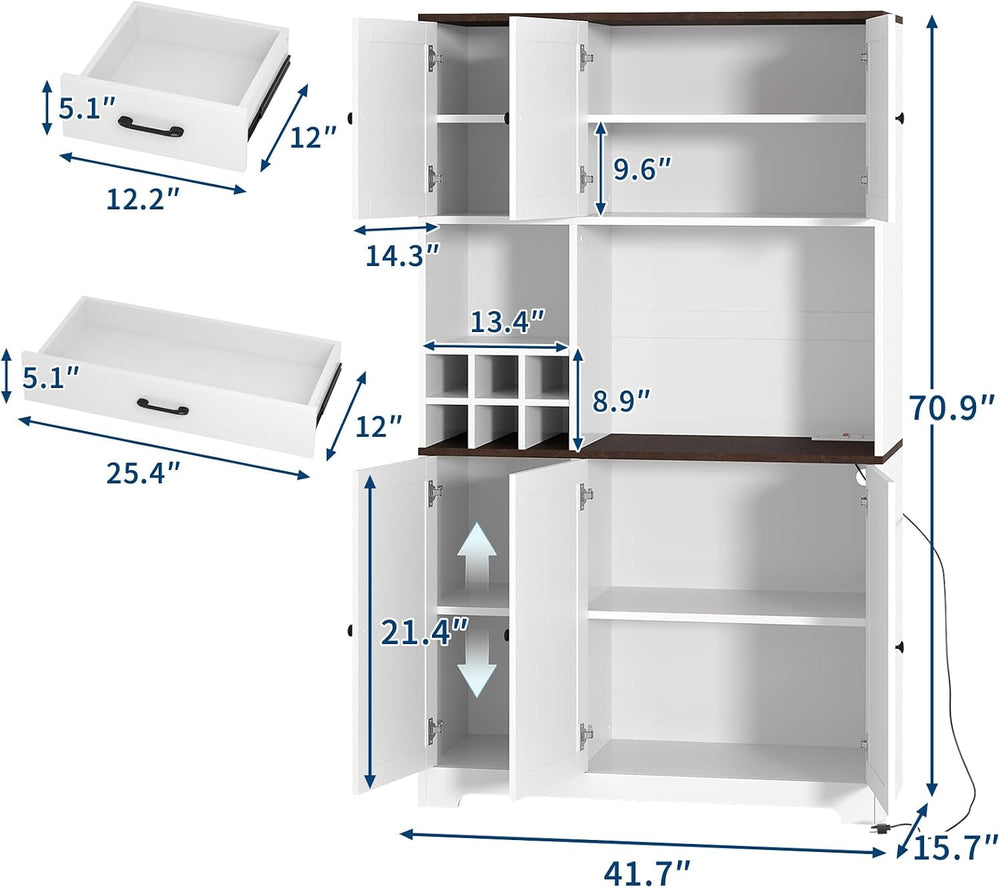 71" Tall Freestanding Farmhouse Pantry Cabinet with Wine Rack, Coffee Ba...