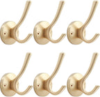 Gold Wall Hooks, 6 Pack Coat Robe Hook Heavy Duty Metal Double Bath Hook Wall Mounted, Hand Towel Hooks for Cubicle Bathroom Kitchen Closet Garage