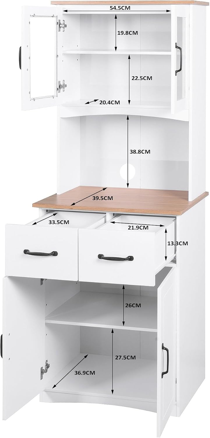 Kitchen Pantry Storage Cabinet with Framed Glass Doors and Drawer, Microwave ...