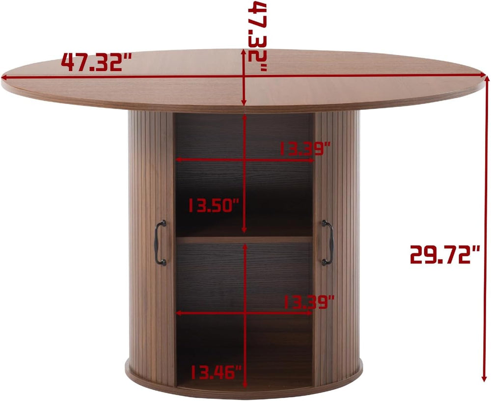 Round Dining Table with Storage Cabinet, Wood Kitchen Table with Double Doors...