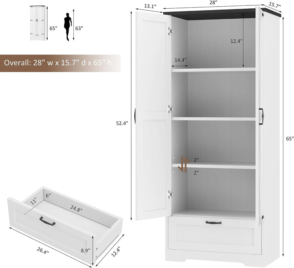 Shintenchi 65" Kitchen Pantry Cabinet, Farmhouse Tall Cupboard, White | Freestanding Cabinet, with 4 Shelves and 1 Drawer, for Kitchen, Living Room, Dining Room and Bathroom