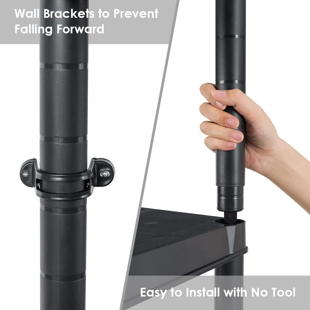 IRONMAX 5-Tier Plastic Shelving Unit, Multi-Purpose Shelf Rack, No Tools Required, Free Standing Storage Shelves for Garage Basement Kitchen, Black (2, 33.5“L X 16”W X 73“H)