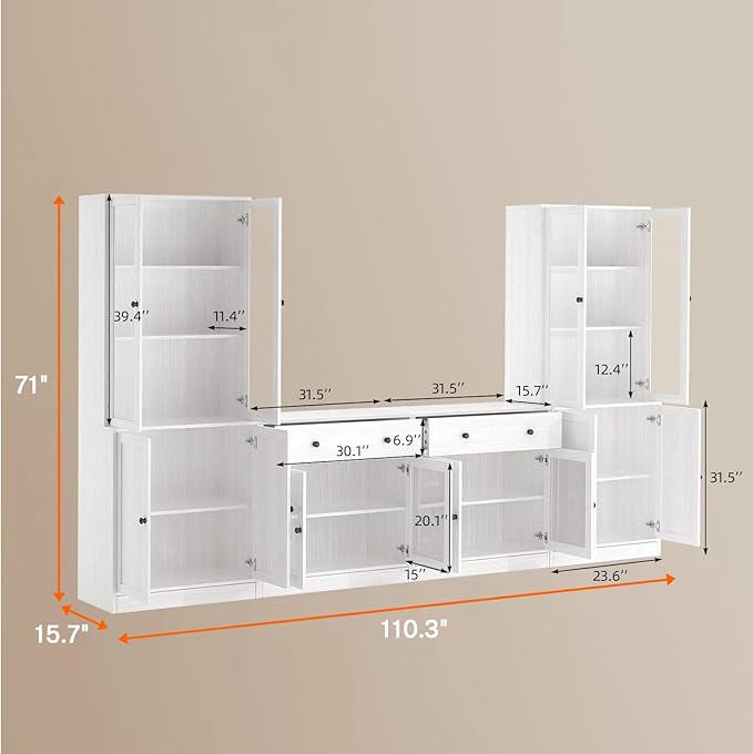 TUSY 71" TV Stand Storage Set - 2 Tall Bookcases & 2 Side Cabinets, Media Console with Glass & Wood Doors, Entertainment Center with Drawers, Tall Media Console for Living Room (White, AFFA)