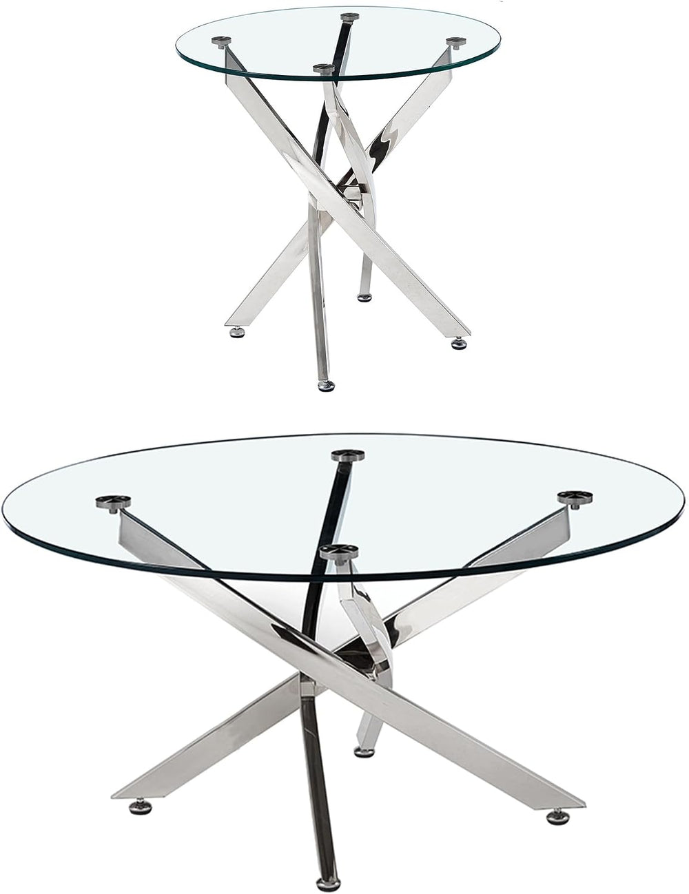 Round Glass Coffee Table Set with 1 Coffee & 1 End Table, Modern Living R...