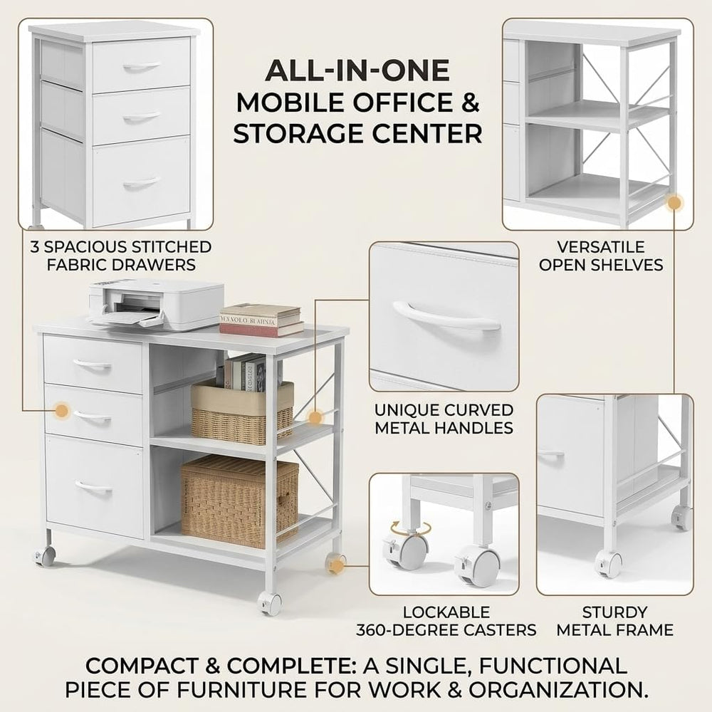 3 Drawer Mobile Filing Cabinet, Industrial White Office Storage Cabinet with ...