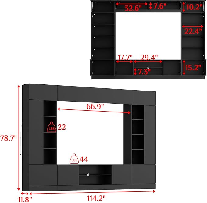 WOODTIME 114" Large Wall Unit Entertainment Center with Bookshelves, Lig...