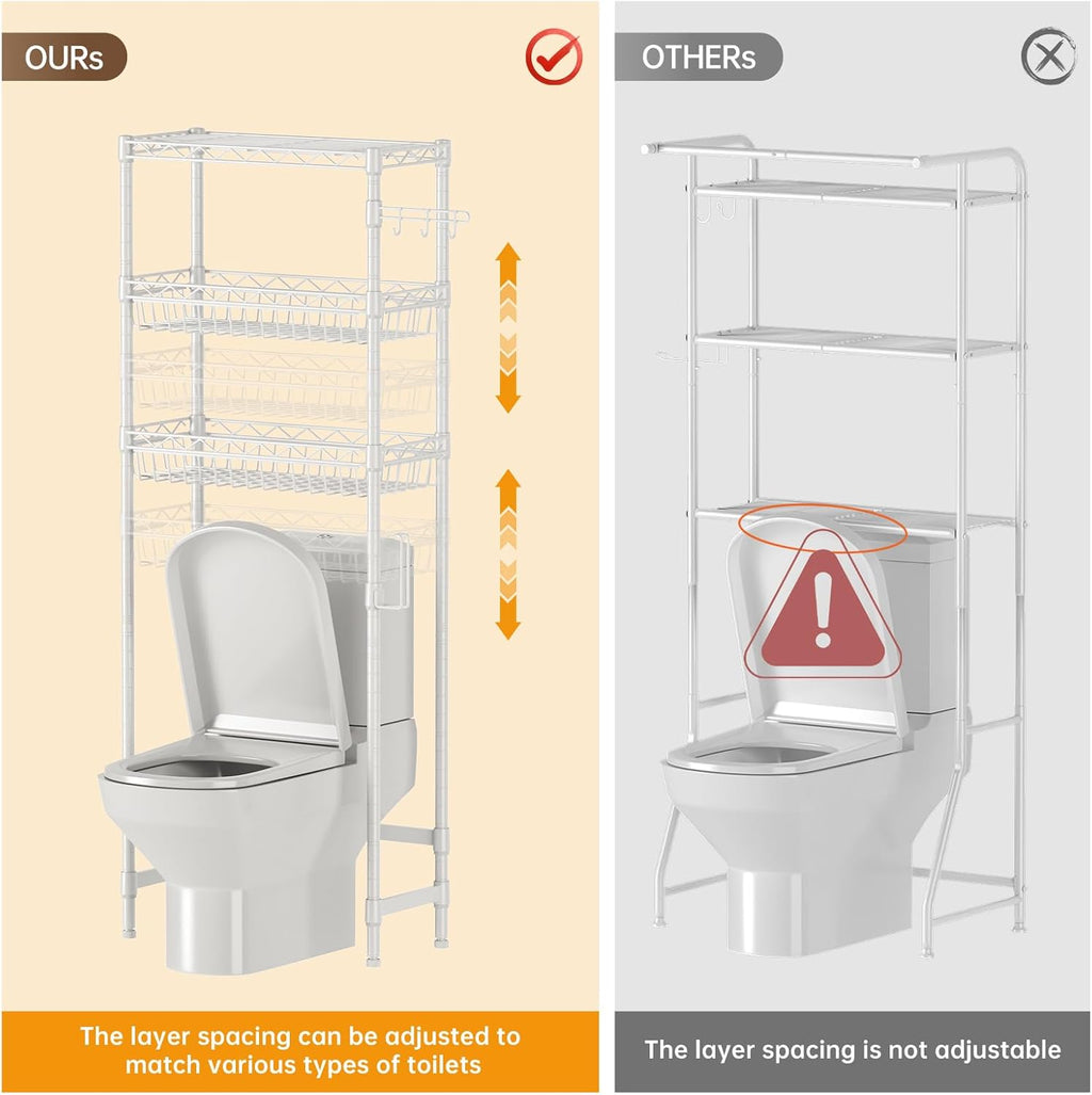 3-Tier Over-The-Toilet Storage Shelf,Heavy-Duty Adjustable Bathroom Rack with 2 Mesh Baskets,Toilet Paper Holder & Hooks,Space-Saving Organizer for Bathroom,10”D x 24”W x 66”H,White