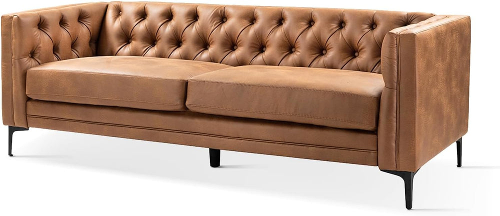 HULALA HOME 84" Faux Leather Sofa, Mid Century Modern 3 Seater Couch, Ca...
