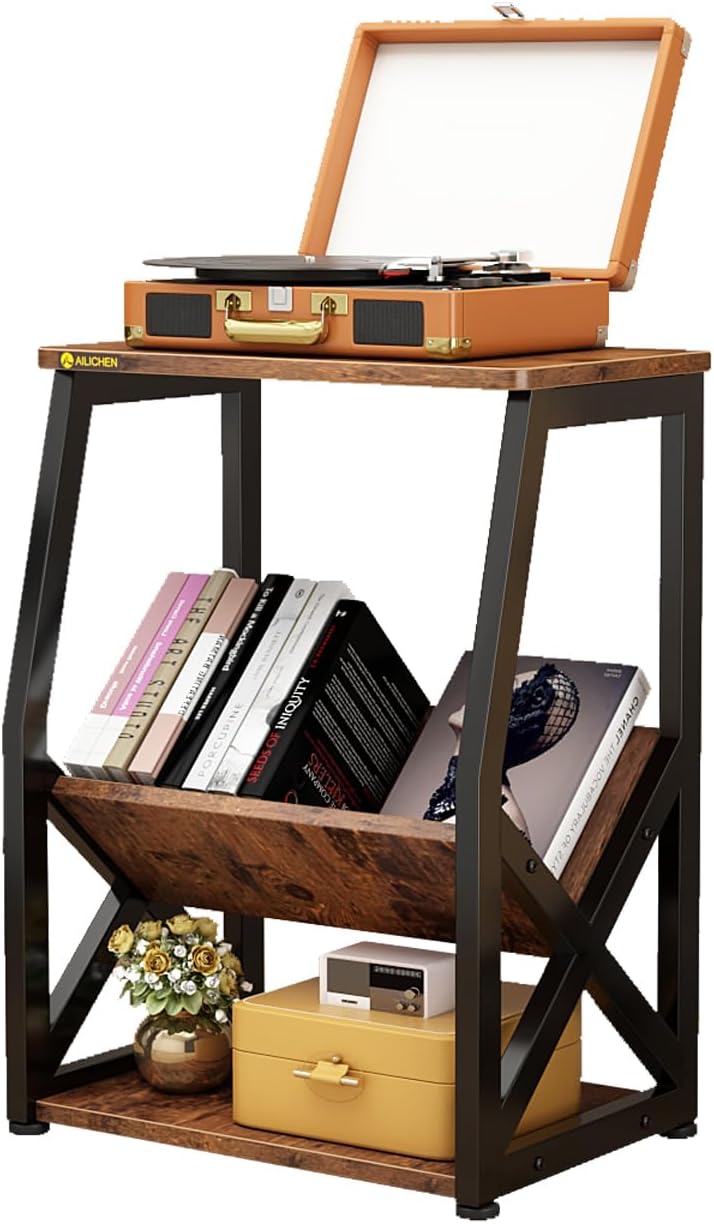 MULKHOME 3-Tier Accent End Table with Magazine Holder Shelf, Metal Frame, Scr...