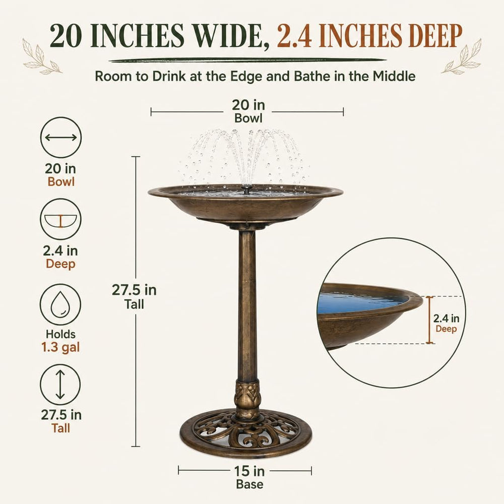 Backyard Expressions Bronze Bird Bath for Outside, Solar Bird Bath Fountain