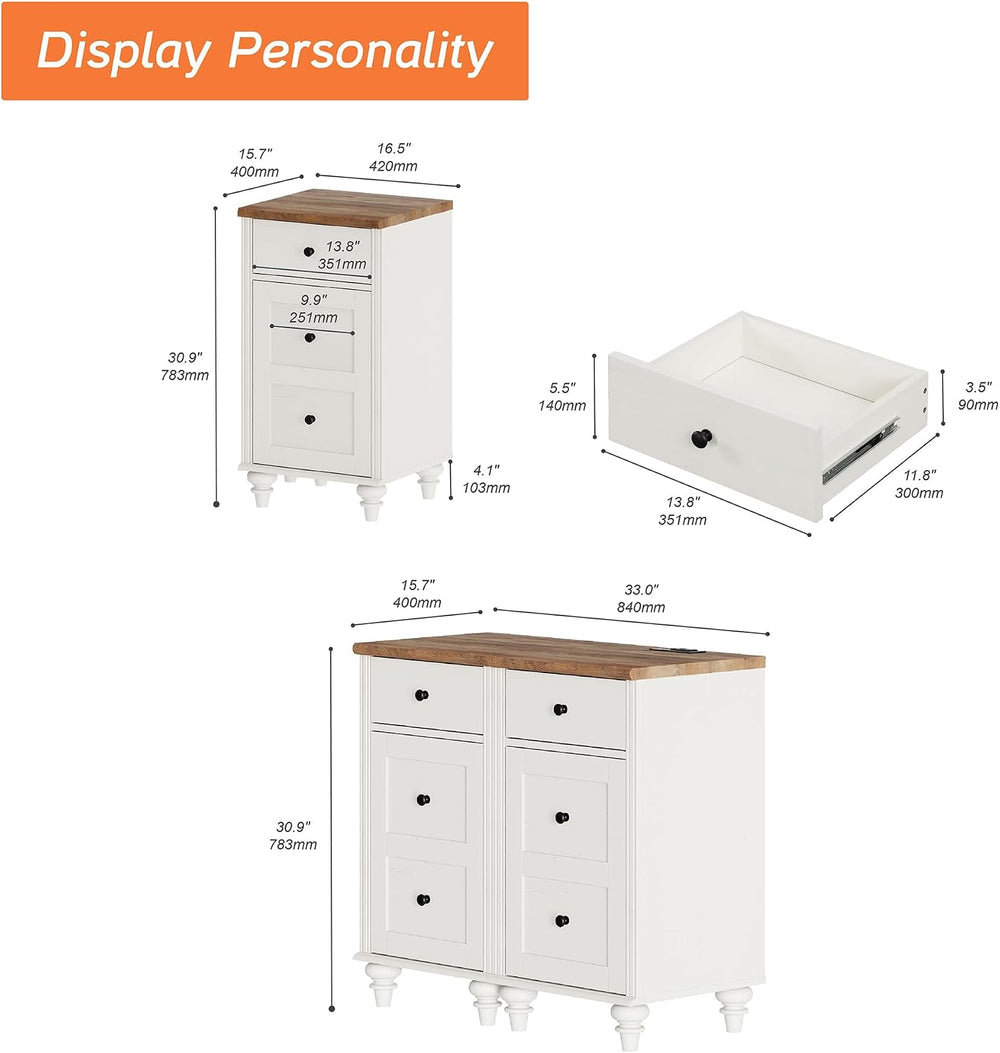 WAMPAT White End Table with Charging Station, Nightstand with Power Outlets &...