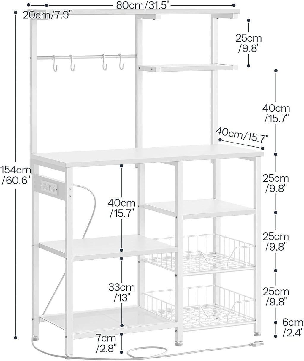 HOOBRO Large Bakers Rack with Power Outlets, 6-Tier Microwave Stand with 4 Hooks, Coffee Bar, Kitchen Shelf with Wire Basket, for Kitchen, Living Room, Office, White WW64UHB01
