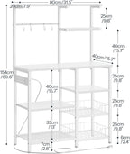 HOOBRO Large Bakers Rack with Power Outlets, 6-Tier Microwave Stand with 4 Hooks, Coffee Bar, Kitchen Shelf with Wire Basket, for Kitchen, Living Room, Office, White WW64UHB01