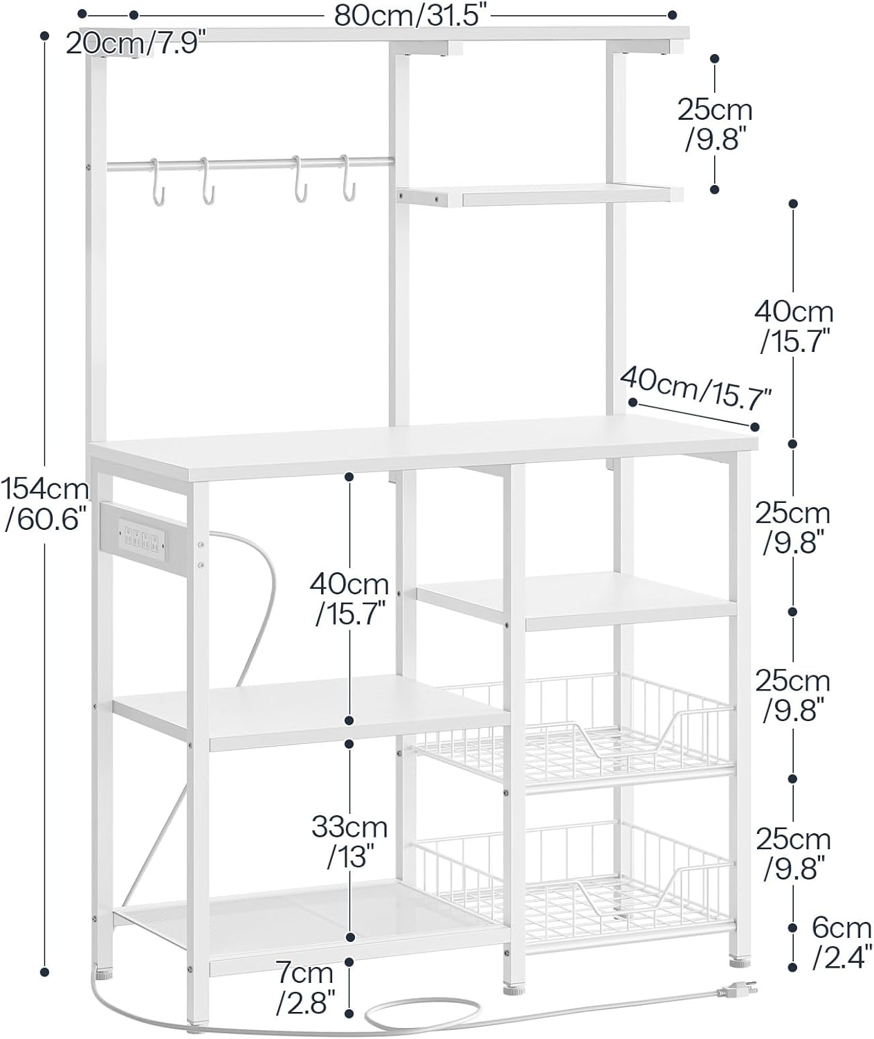 HOOBRO Large Bakers Rack with Power Outlets, 6-Tier Microwave Stand with 4 Hooks, Coffee Bar, Kitchen Shelf with Wire Basket, for Kitchen, Living Room, Office, White WW64UHB01
