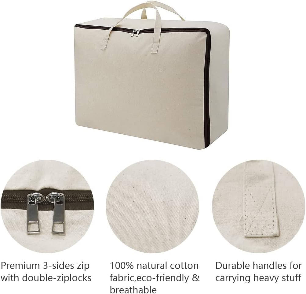 AMJ Set of 3, Canvas Storage Bag with 3-Side Zip Open & Handles, 8OZ Thick Soft Breathable Closet Organizer for Beddings, House Move or Winter Garment Storage in Wardrobe, Beige