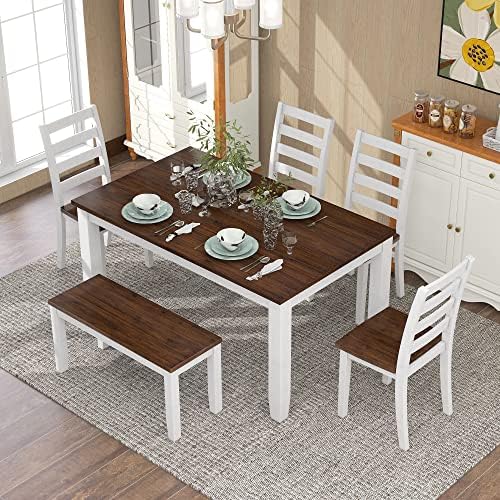 6-Piece Dining Table Set, 4 Upholstered Chairs + Bench, Rustic