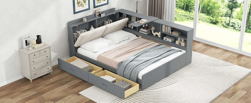 Peanu Full Bed Frame, Storage Headboard, Gray Upholstered Wood