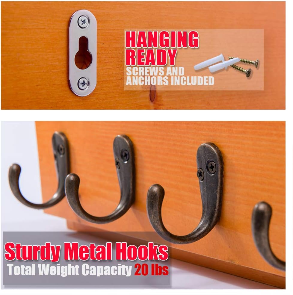 Flintar Wall Mounted Key and Mail Holder with 4 Hooks. Made of Solid Wood. Use as Key Rack, Entryway or Mudroom Organizer, Mail Sorter, Magazine Holder, Bill Sorter, Rustic Home Décor (Oak)