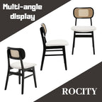 Rattan Dining Chairs Set of 4 Black Linen Fabric Dining Room Chairs Natural Wooden Kitchen Chairs Farmhouse Boho