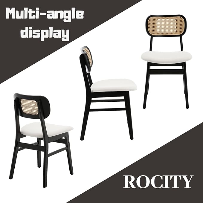 Rattan Dining Chairs Set of 4 Black Linen Fabric Dining Room Chairs Natural Wooden Kitchen Chairs Farmhouse Boho