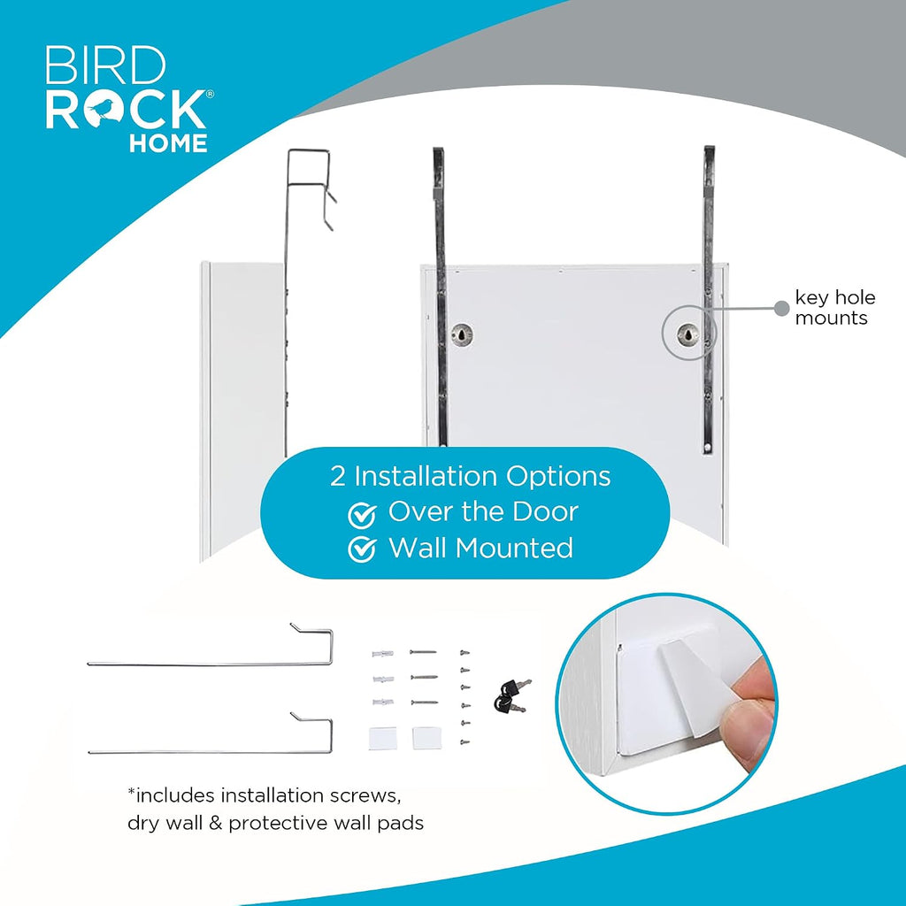 BIRDROCK HOME Hanging Jewelry Organizer - Lockable Storage Cabinet with Body Mirror & LED Lights, Door or Wall Mounted for Closet or Bedroom Dresser, Adjustable Height & Large Capacity - White