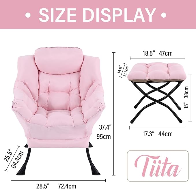 Tiita Lazy Chair with Ottoman, Modern Large Accent Lounge Armchair, Comfy Leisure Sofa Reading Chair with Footrest for Bedroom, Living Room, Dorm Rooms, Garden and Courtyard, Pink