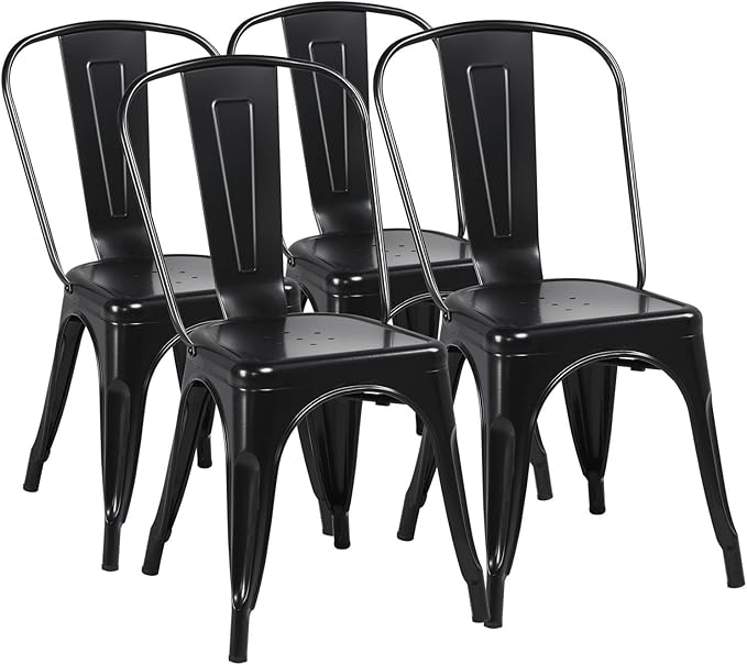 Yaheetech Metal Dining Chairs Set of 4, Industrial Stackable Kitchen Chairs with Back for Dining Room/Restaurant/Bistro/Patio, Indoor & Outdoor Use, Matte Black