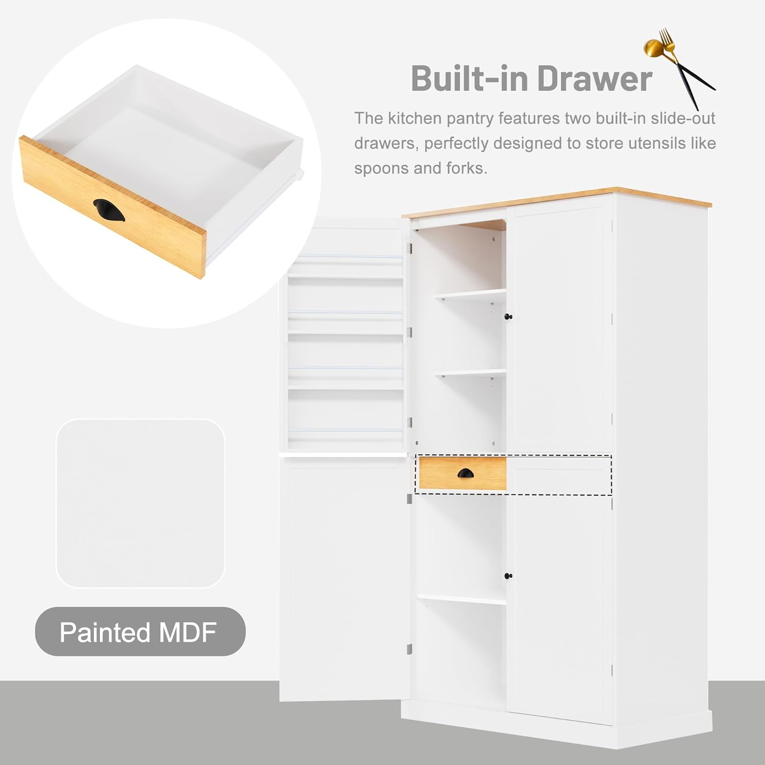 71.3" Freestanding Kitchen Pantry Cabinet with 2 Drawers, 8 Door Shelves & Adjustable Shelves, Large Farmhouse Storage for Kitchen Dining Room, White