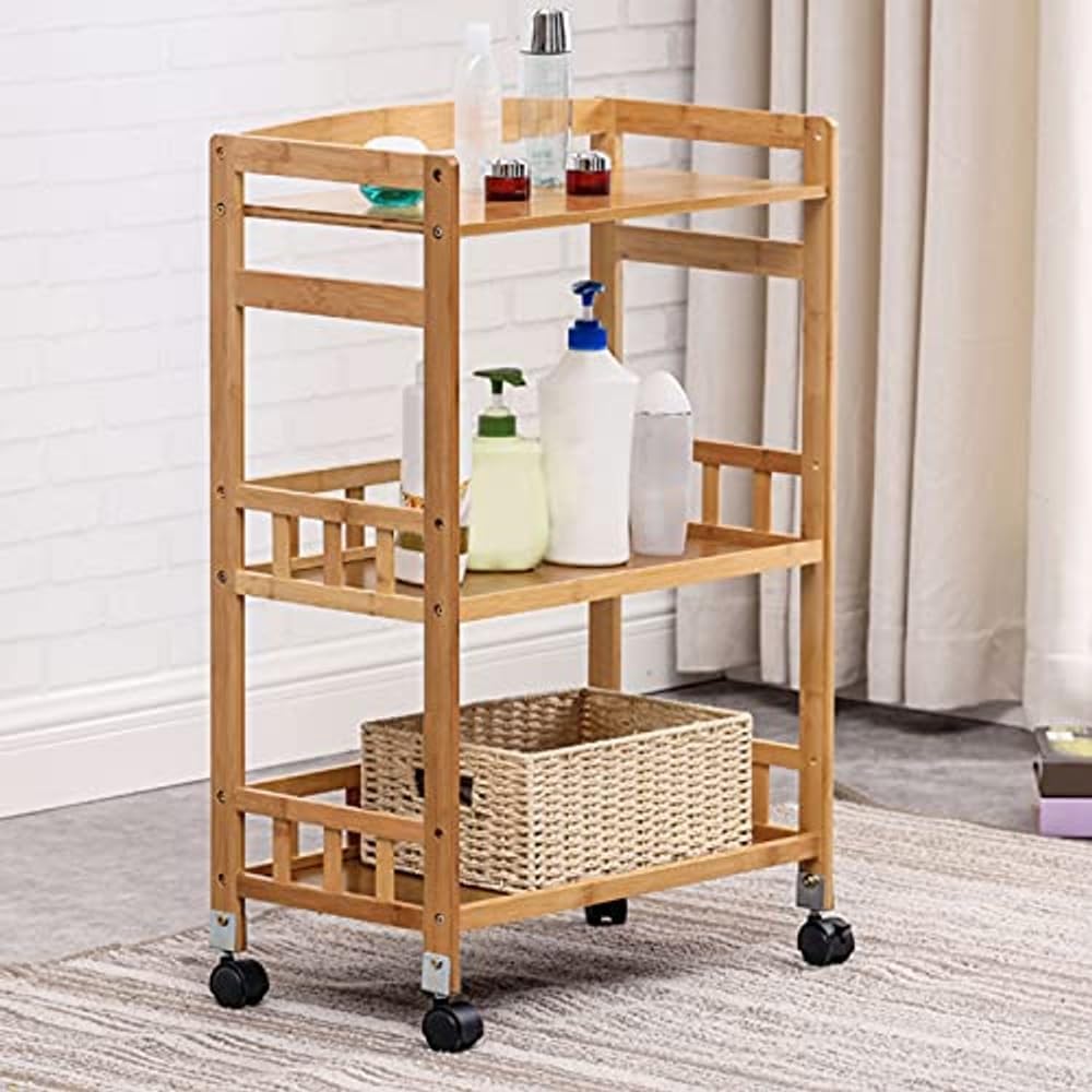 3-Tier Bamboo Rolling Storage Cart with Locking Wheels, Natural Wood Finish |...