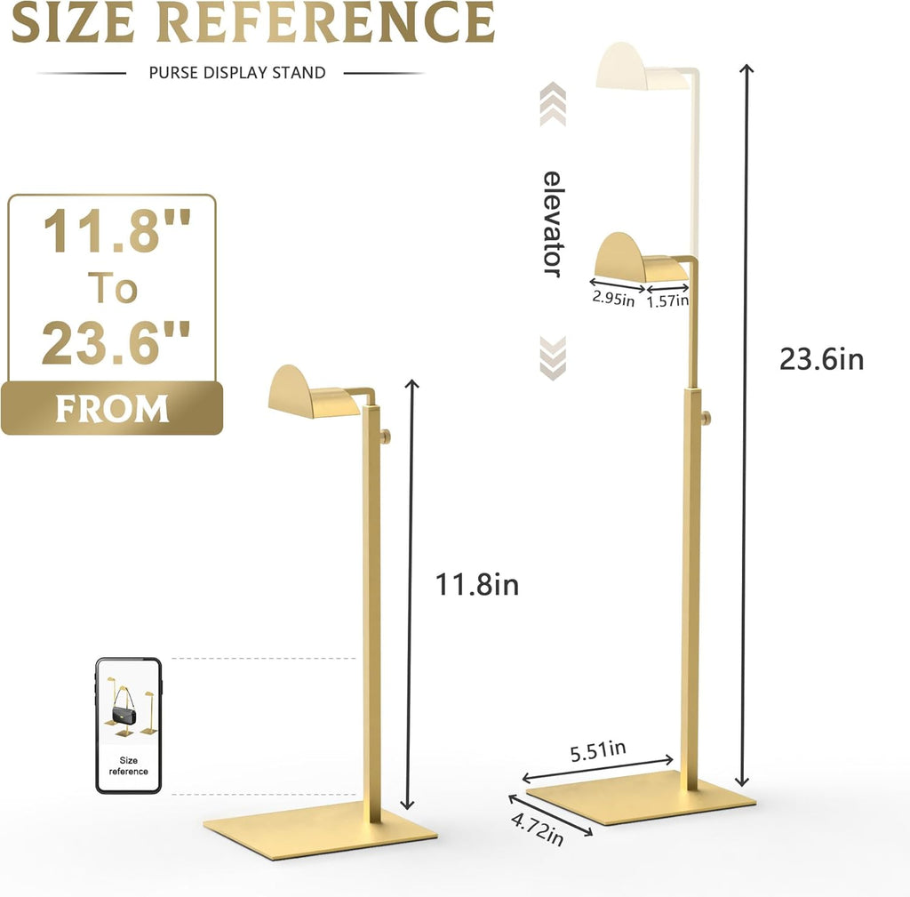 Purse Display Stand Adjustable Height Gold Purse Rack for Handbags Necklaces Scarves Hats & Headphones 14" - 24" Purse Hanger Shelf for Retail Display