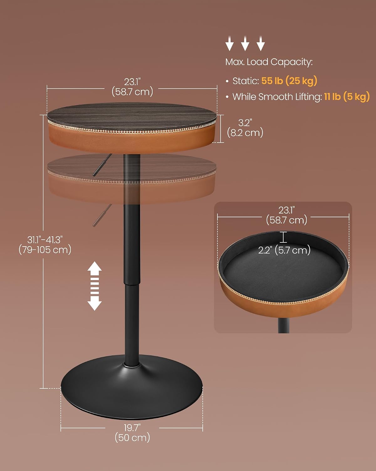 VASAGLE EKHO Collection - Height Adjustable Bar Table Set of 2, Round High Pub Tables with Storage, Synthetic Leather with Stitching, Mid-Century Modern, Kitchen Home Bar, Ash Brown and Caramel Brown
