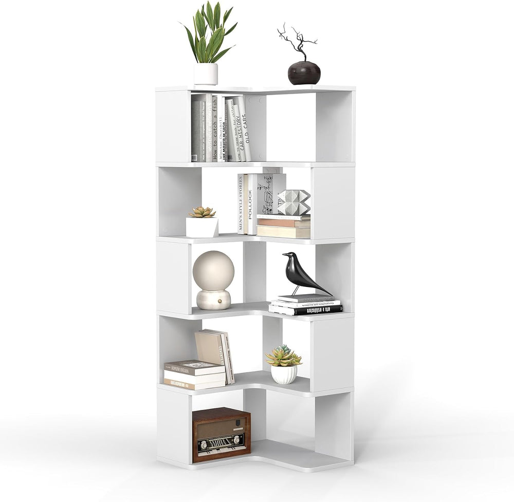 6-Tier Corner Bookshelf, 66" Tall L-Shaped Corner Shelf with Anti-Fall B...