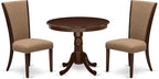 East West Furniture ANVE3-MAH-47 3 Piece Dining Table Set for Small Spaces Contains a Round Kitchen Table with Pedestal and 2 Light Sable Linen Fabric Parson Chairs, 36x36 Inch, Linen White
