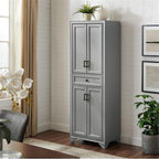 MAKLAINE Traditional Wood 4 Door Pantry, 67.75" H x 23.75" W x 15" D, MDF and Rubberwood, Distressed Gray/Black Finish, Adjustable Shelves, Full-Extension Drawer, Modern Farmhouse Kitchen Storage