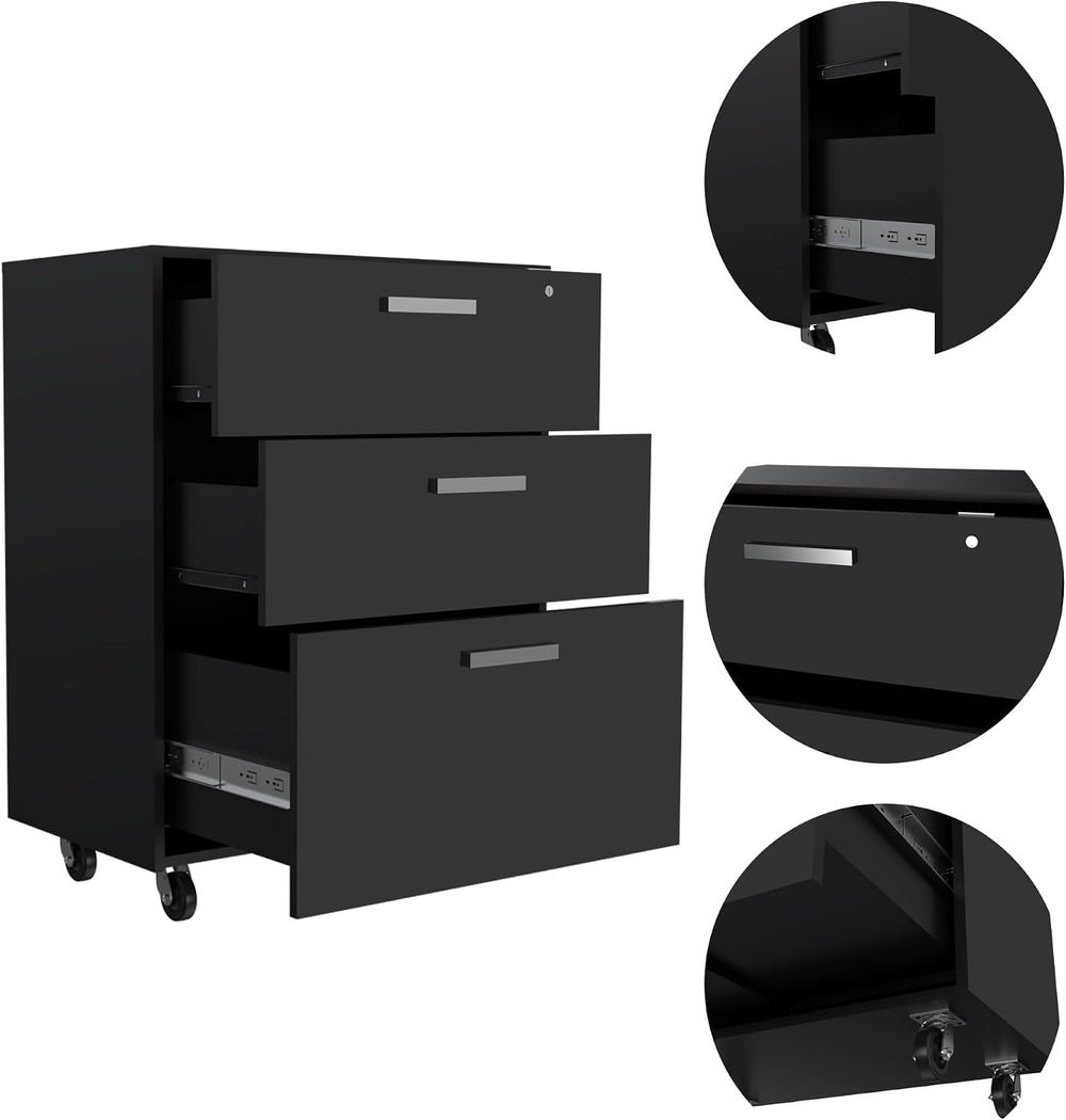 3 Drawers Storage Cabinet with Casters Lions Office, Black Wengue Finish