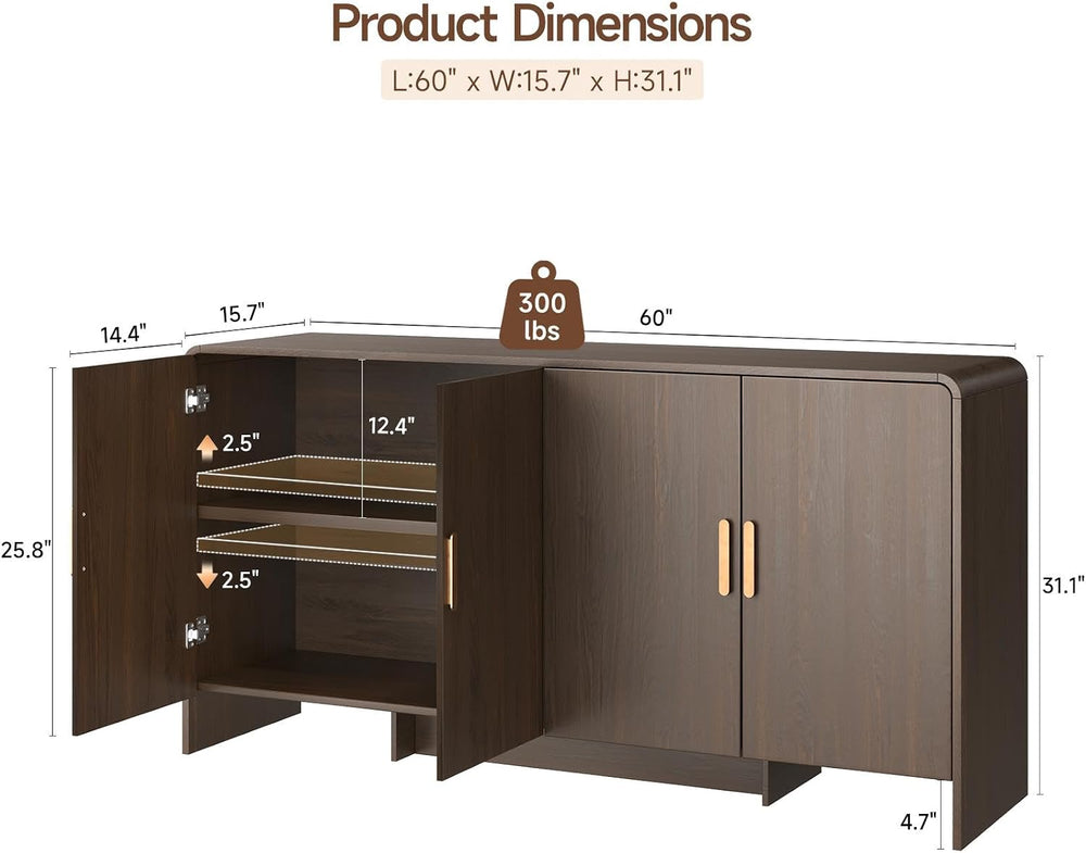 ONBRILL 60" Sideboard Buffet Cabinet with Storage, Curved Design Farmhou...