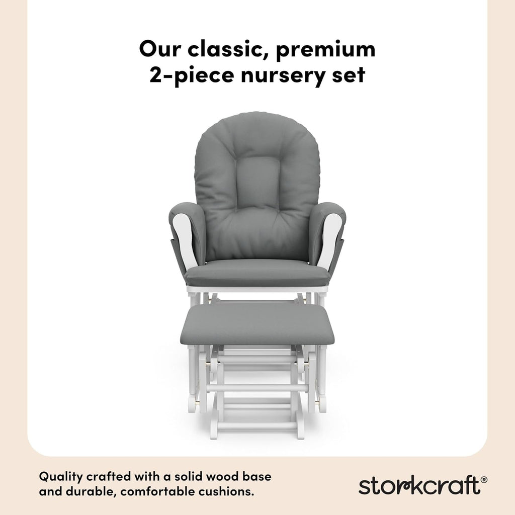 Storkcraft Premium Hoop Glider & Ottoman (White/Gray) — GREENGUARD Gold Certified Nursery Glider, Solid Wood Craftsmanship, Smooth-Gliding, Award-Winning