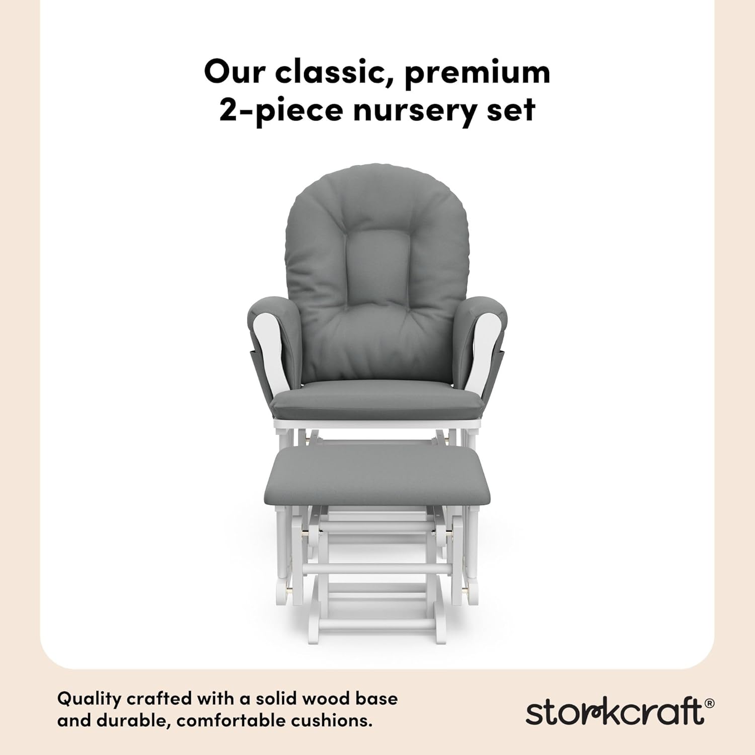 Storkcraft Premium Hoop Glider & Ottoman (White/Gray) — GREENGUARD Gold Certified Nursery Glider, Solid Wood Craftsmanship, Smooth-Gliding, Award-Winning