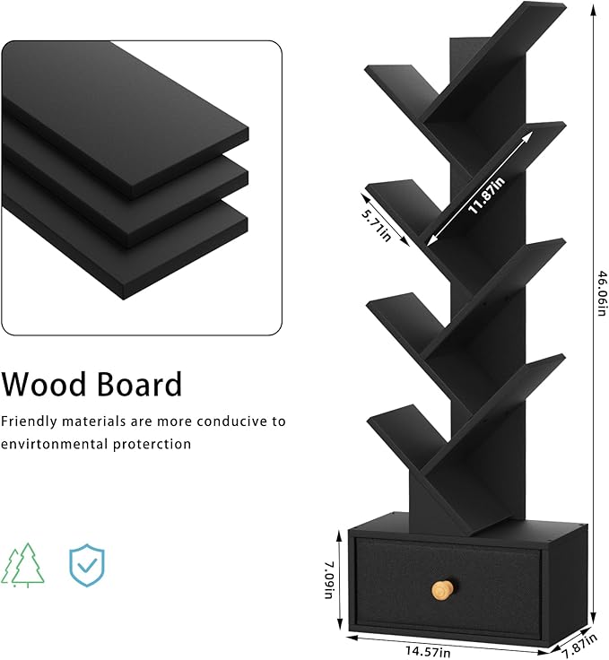 8 Tier Tree Bookshelf with Drawer, Free Standing Wood Bookcase for Living Roo...