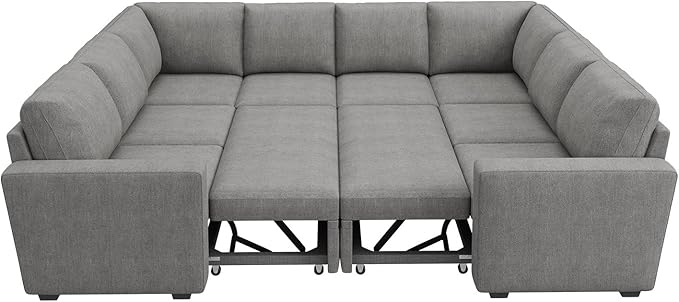 HONBAY Modular Sectional Couch with Pull Out Bed, Chenille Sleeper Sofa with Storage Seats, U Shaped Sectional Couches for Living Room, Warm Grey