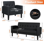 AILEEKISS 2 Piece Living Room Sofa Set Loveseat Sofas Sets with 2 USB, Cup Holders, Side Pocket, Modern Leather 2 Pcs Sectional Couch Chairs Set for Apartment, Office, Bedroom (Black, 2-Seat+1-Seat)