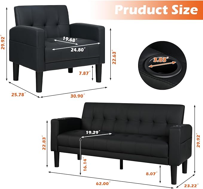 AILEEKISS 3 Piece Living Room Sofa Set Loveseat Sofas Sets with 2 USB,Cup Holders,Side Pocket, Modern Leather 3 Pcs Sectional Couches Set for Apartment, Office, Bedroom (Black, 2-Seat+1-Seat+1-Seat)
