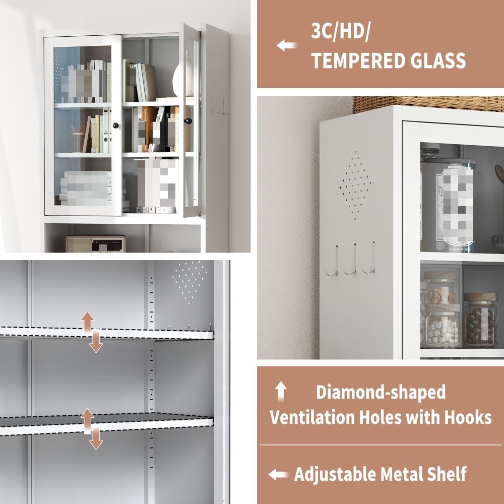 Metal Storage Pantry Cabinet 72" Tall, White Freestanding Organizer with...