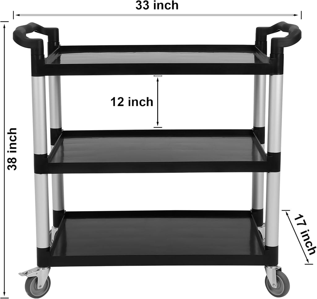 3-Tier Heavy Duty Utility Cart with Wheels, 43" Lx 21" W x 38" H, Durable Rolling Cart for Restaurant, Office, Kitchen, and Warehouse Use, Lockable 360° Swivel Casters Service Cart, Black
