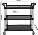 3-Tier Heavy Duty Utility Cart with Wheels, 43" Lx 21" W x 38" H, Durable Rolling Cart for Restaurant, Office, Kitchen, and Warehouse Use, Lockable 360° Swivel Casters Service Cart, Black