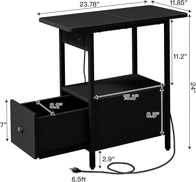 LIDYUK End Table with Charging Station, Narrow Side Table with Drawer and USB...