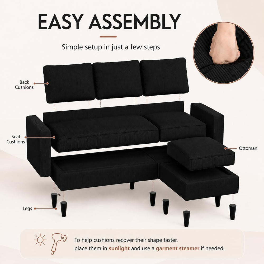 Nuturelly 73.6" L-Shaped Small Sectional Sofa with Ottoman, Black | Tool...