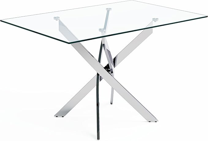 5 Piece Dining Table Table Set, Modern Tempered Glass Dining Table Set for 4 Kitchen Table Set with 4 Upholstered Chairs for Kitchen Dining Room (Sliver Table with White Hoop Leg Chairs)