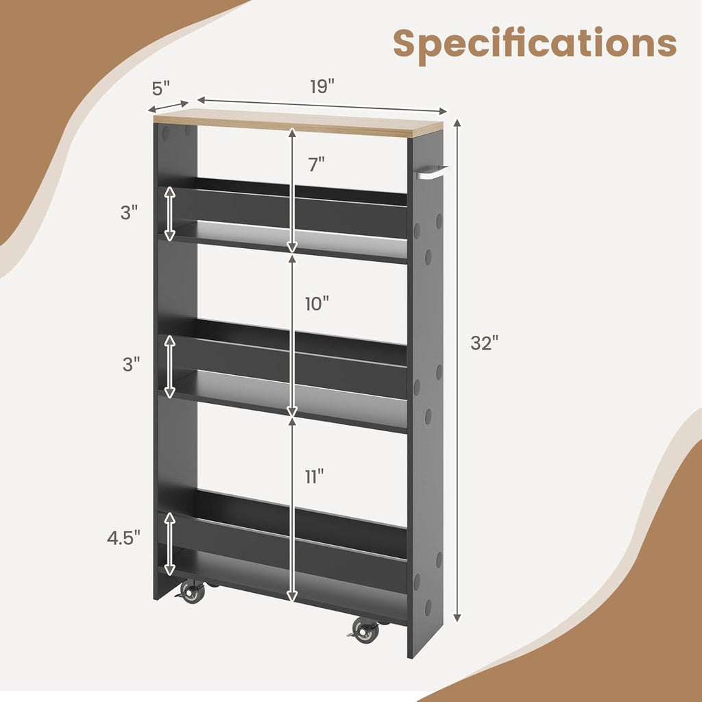 LOKO Slim Storage Cart, 4-Tier Rolling Cart with Handle & Wooden Top for Kitchen Bathroom Laundry Living Room Narrow Small Spaces, 5 Inches Width (Grey & Natural)
