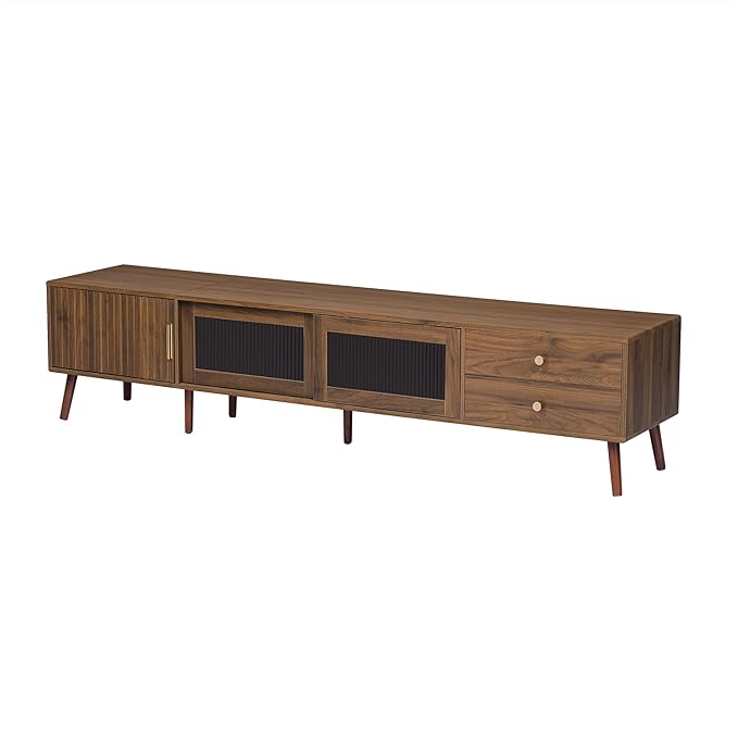 Marzzi Mid-Century Modern TV Stand for 85 inches TV, 76" Media Console with Fluted Cabinet Door, Sliding Glass Doors, and 2 Drawers, Entertainment Center with Storage, Solid Wood Legs
